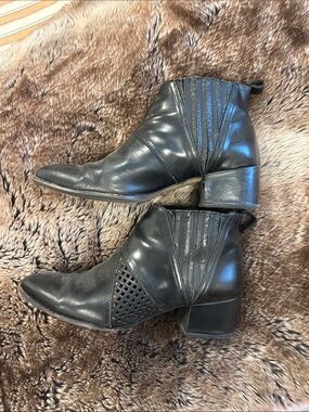Sixtyseven Black Leather Ankle Booties with Perforated Toe